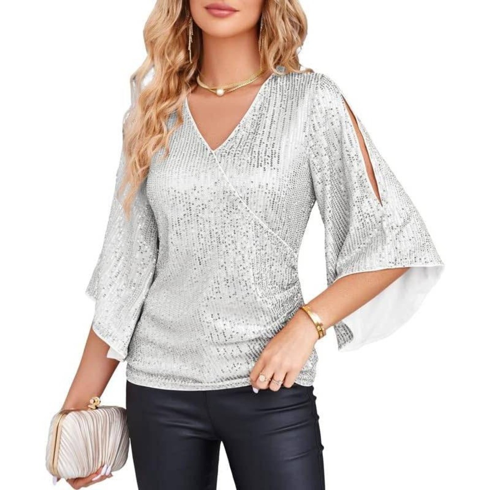 MSRP $55 GRACE KARIN Women's M Silver Sequin Top 3/4 Sleeve V-Neck Shiny